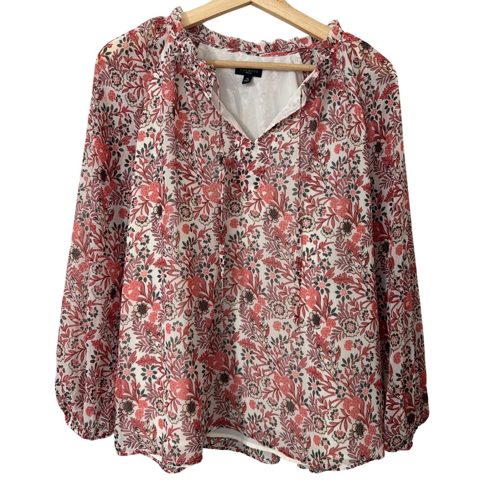 Talbots Petite Medium Floral Chiffon Peasant Blouse Pink Red White Sheer Sleeves